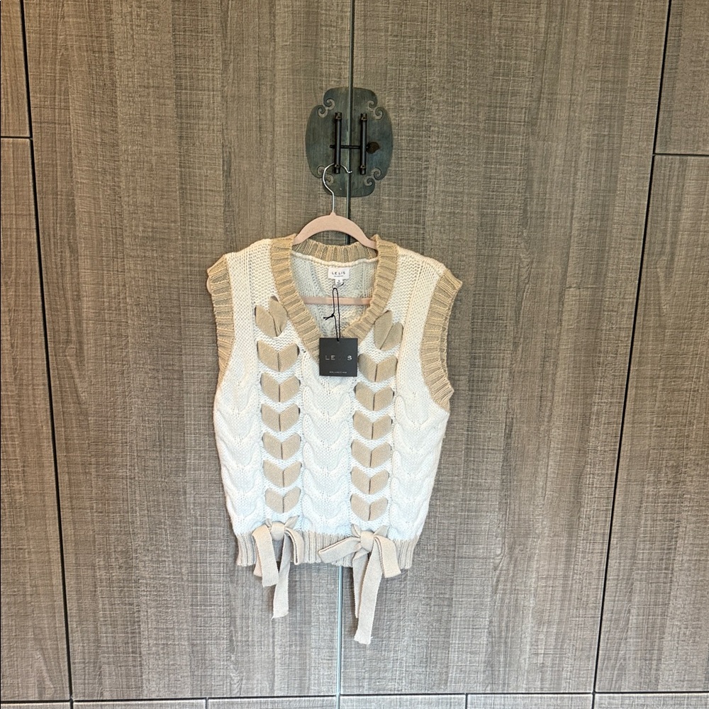 Le Lis Lace Up Bow Cream And Tan Knit Sweater